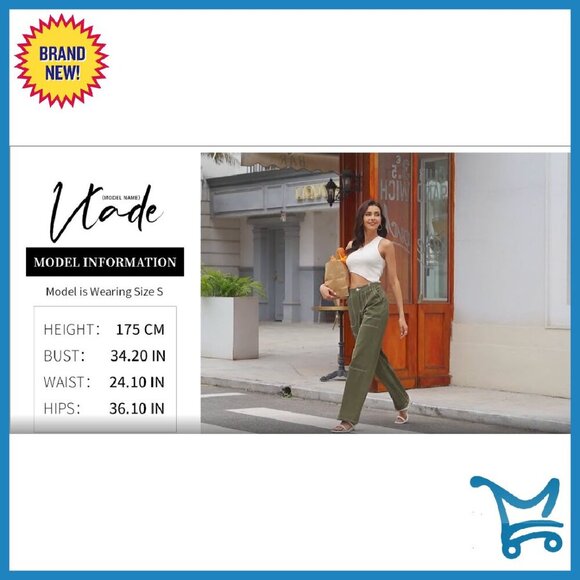 Mid Waist Cargo Jeans Stretch Button Wide Leg Denim Pants - Picture 6 of 8